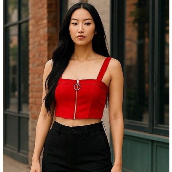 SEEK The Label Faux Suede Crop Top Red Front Zip Bustier Blouse Women's Size S - Picture 2 of 10